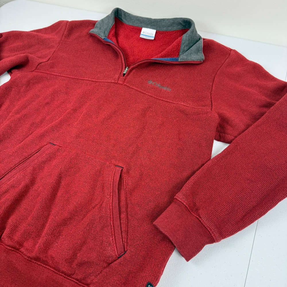 Columbia Mens Red Heathered Sweater Fleece Quarter Zip Pullover Jacket Large - Picture 1 of 9